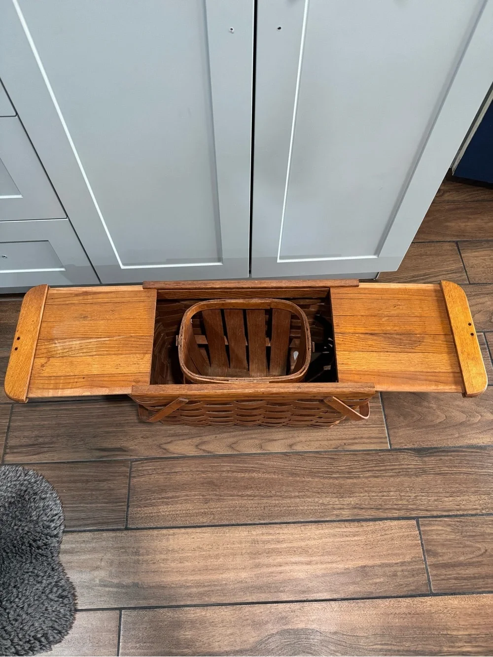 Mid Century Basketville woven oak Picnic Basket With Sliding Lid Doors brown